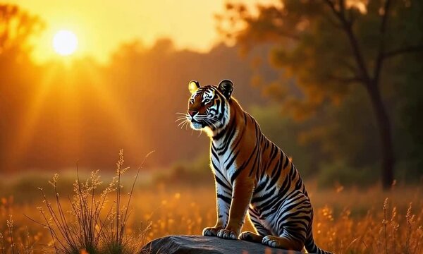 A majestic Bengal tiger sitting on a rock as the golden sun sets behind, illuminating the forest with a soft, warm glow. Gentle wind rustles the tall grass in slow motion.