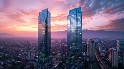 Obraz premium Twin skyscrapers at sunset, overlooking a sprawling city nestled in mountains.