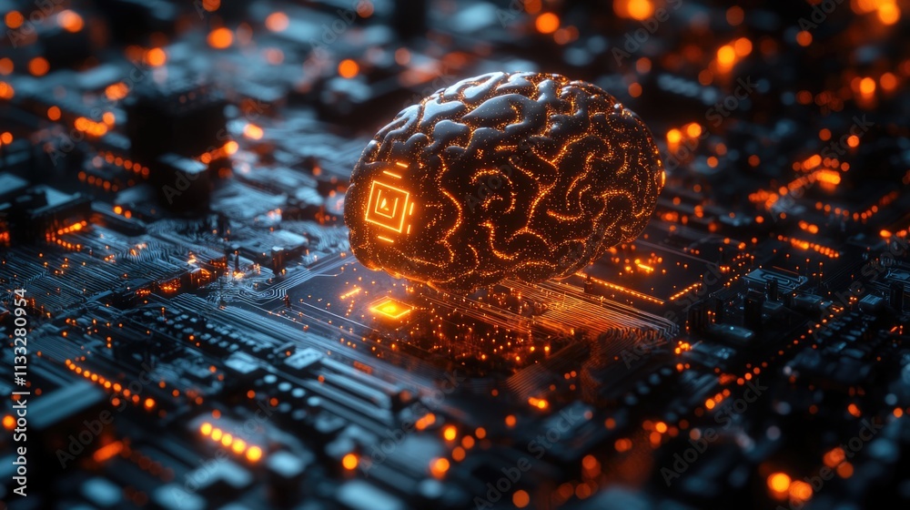 Poster A computer motherboard with a futuristic glowing brain component