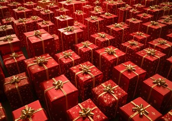 Vibrant red and gold Christmas gifts beautifully arranged against a crisp white backdrop, ideal for festive themes.
