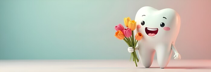 Happy tooth character holding a bouquet of flowers to celebrate Women\'s Day in spring.Space for Text