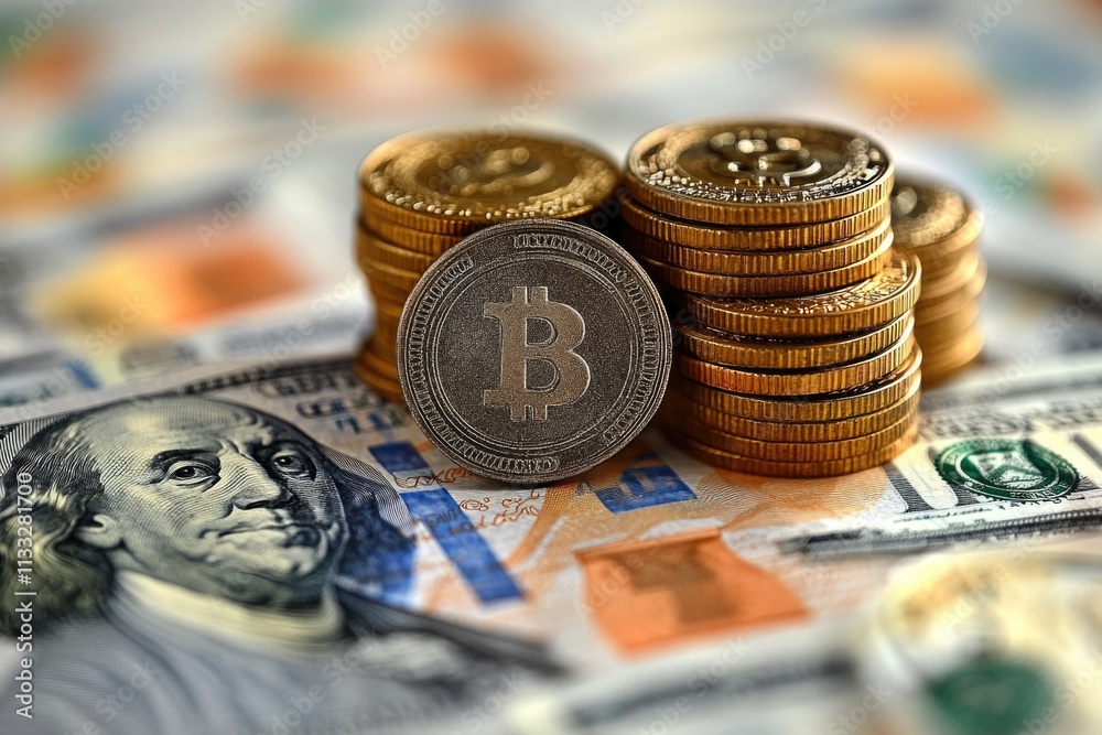Poster a stack of coins resting on top of a pile of money, perfect for financial or commerce related concep