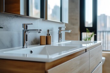 A modern double-sink bathroom interior showcasing wooden accents, perfect for contemporary home designs.