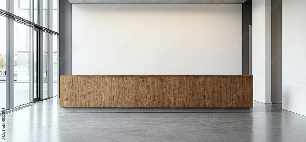 Poster modern reception area with a wooden counter and minimalist design.