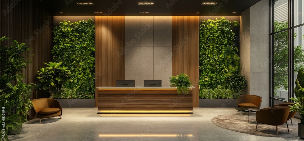 Poster modern reception area with greenery and comfortable seating.