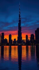 Obraz premium Sunset silhouette of a skyscraper reflecting in water with colorful sky.