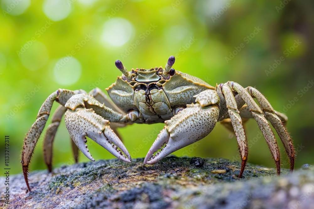 Poster a crab perched on a rocky surface, showcasing its claws and shell