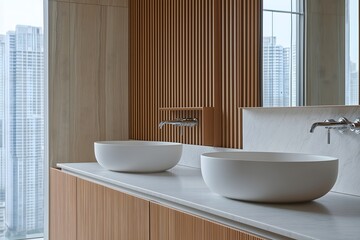 Chic modern double-sink bathroom accented with beautiful wooden elements for a stylish appeal.
