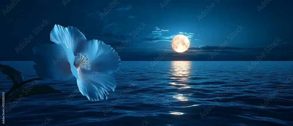 Poster ethereal blue hibiscus under full moonlight reflected on calm ocean waters at night, creating a sere