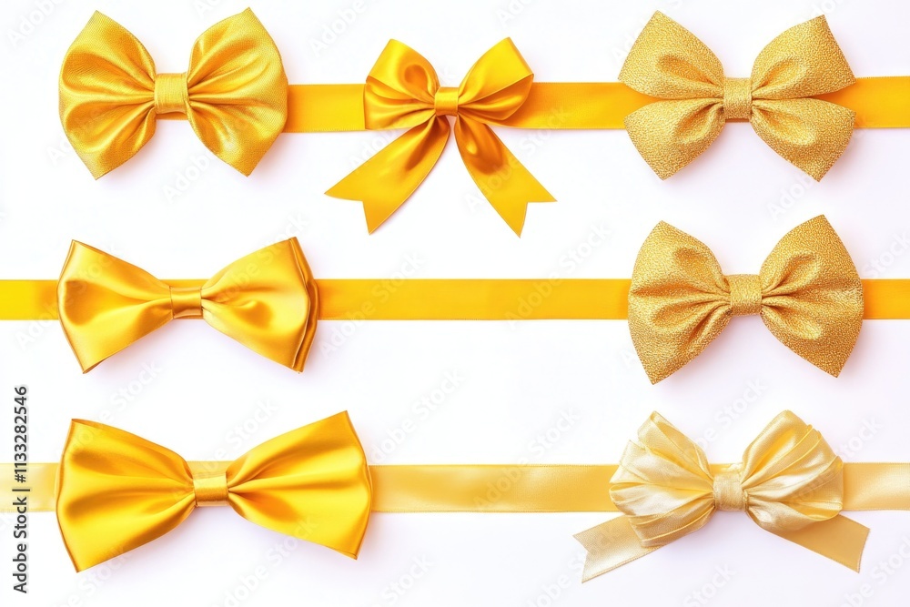 Poster a collection of colorful bows arranged neatly on a white surface, perfect for decorating or gift wra