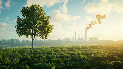 Fototapeta premium Compare a green tree and meadow with clear air to a factory emitting pollution and its effects on climate change, 3d illustration rendering. Meadow. Illustration