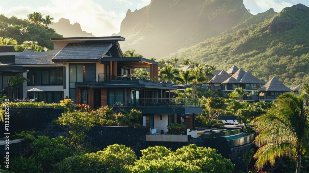 Poster a scenic view of a resort with a mountain in the background, suitable for travel or tourism related 