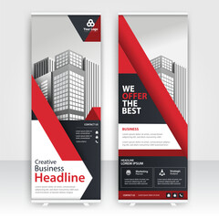 Modern design of annual report display stands showcasing professional graphics in an office environment with red color