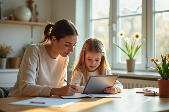 A mother and her young daughter doing homework on a tablet