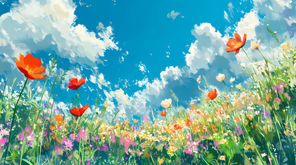 Fototapeta premium Flower meadow in spring blue sky. generative ai. Meadow. Illustration