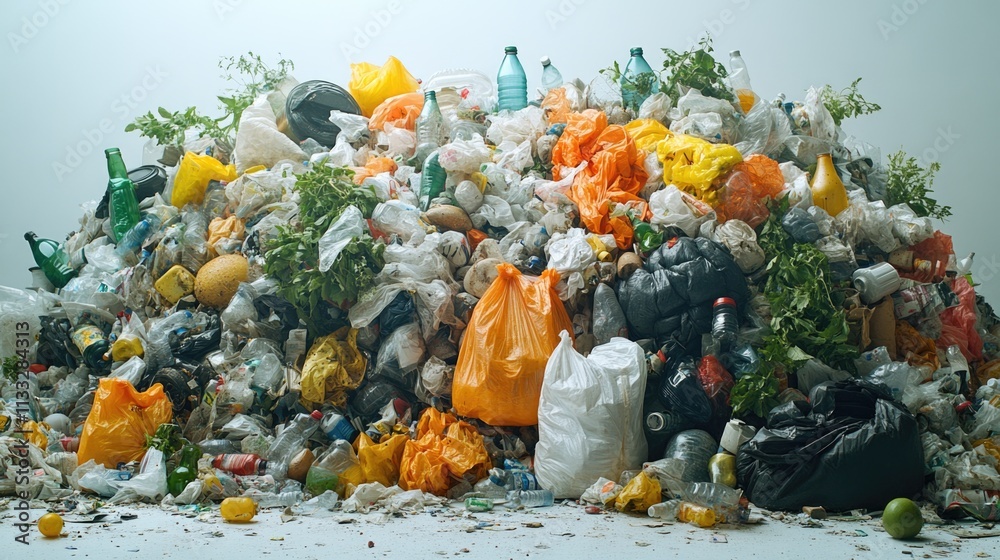 Poster a picture of a pile of garbage with various items like plastic bags, containers, and more