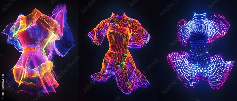 Poster vibrant neon fashion designs in motion with abstract light trails showcasing modern style and artist