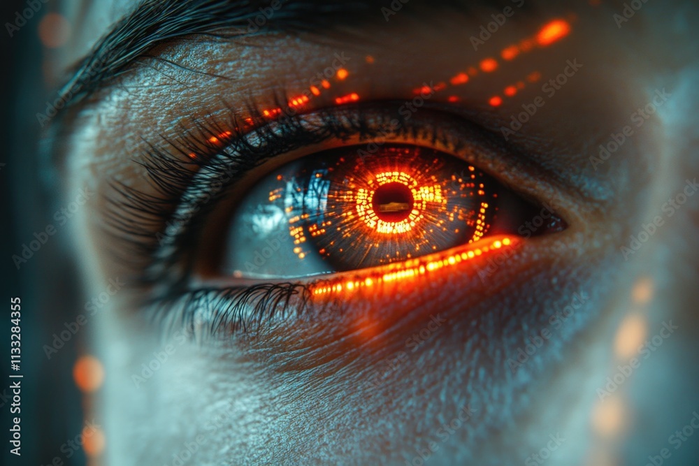 Poster a close-up shot of a person's eye with a glowing effect, suitable for use in fantasy or sci-fi theme