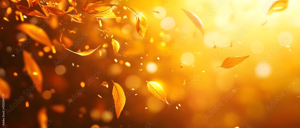 Poster Golden Autumn Leaves Falling Gently in a Warm Light with Blurred Background Creating a Magical and Serene Nature Scene Perfect for Seasonal Themes