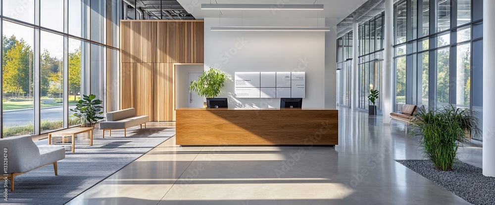 Poster modern reception area with wooden desk and large windows.