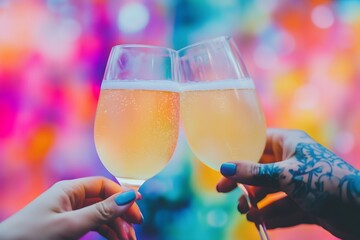 Two glasses of champagne captured clinking together, bringing forth the essence of celebration and happiness.