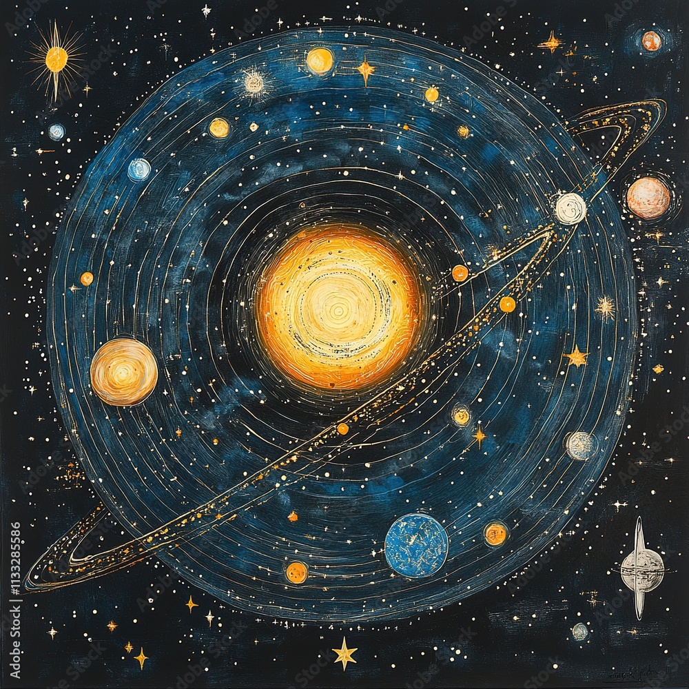 Wall mural exploring cosmic wonders solar system illustration space digital art dark environment aerial view as