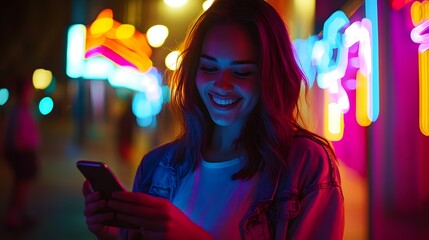 Naklejka premium Woman Smiling Uses Phone Neon City Lights