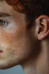 Naklejka premium Portrait of an individual with distinctive freckles, perfect for use in personal or editorial content