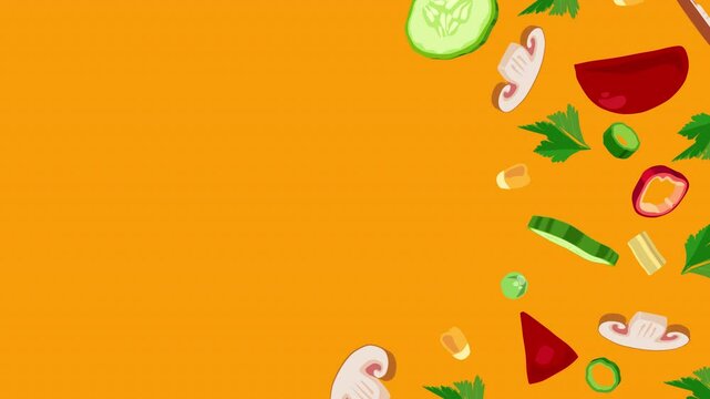 Animated frame of food vegetable elements rotating on a black dark textured background. Place for text. 3d cartoon loop animation.