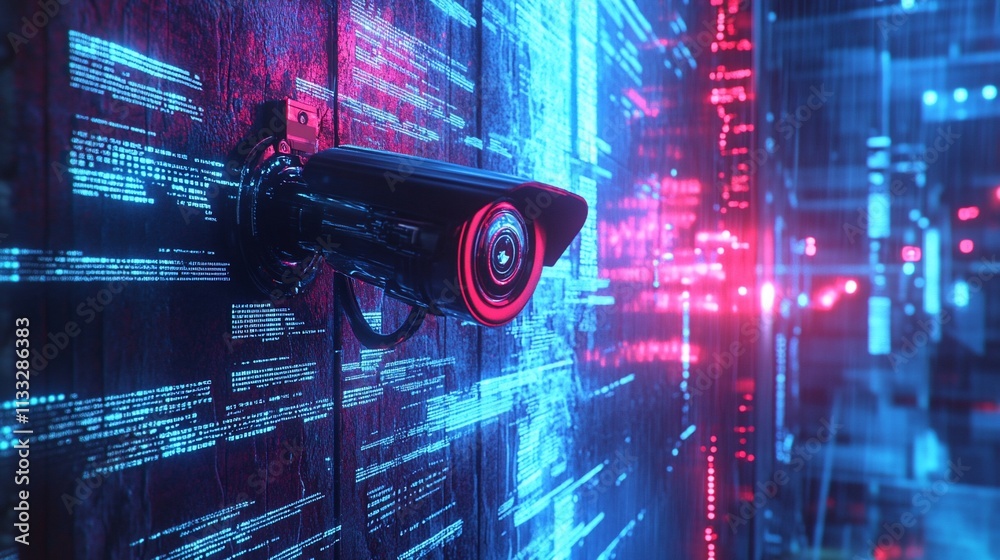 Aufkleber surveillance camera against a digital backdrop with data streams.