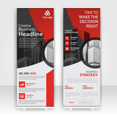 Modern design of annual report display stands showcasing professional graphics in an office environment with red color