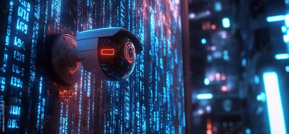 Fototapete surveillance camera against a digital backdrop with glowing binary code.