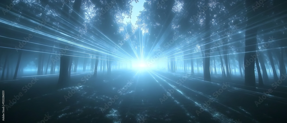 Poster Ethereal forest landscape with beams of light piercing through misty trees, creating a serene and magical atmosphere in a tranquil woodland setting