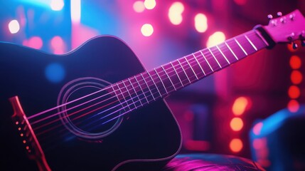 Naklejka premium Acoustic guitar in neon-lit studio, cyberpunk aesthetic, intense colors, sharp focus