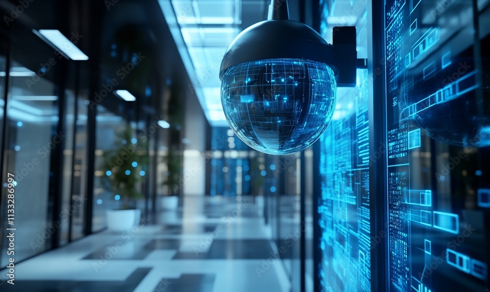 Poster surveillance camera in a modern office environment with digital displays.