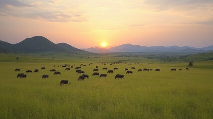 Obraz premium Serengeti sunset with wildebeest herd grazing in vast African savanna.