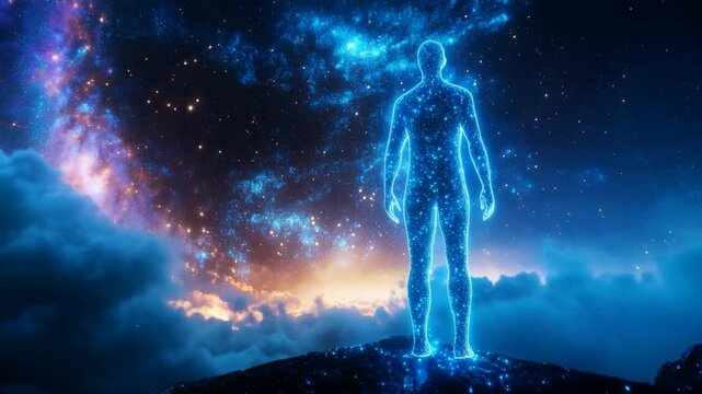 glowing cosmic silhouette of a human figure standing on a mountain, symbolizing connection with the universe, self-discovery, and the infinite possibilities of existence