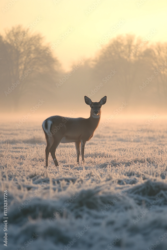 Poster Fawn standing in a frosty field at dawn with mist rising and trees in the background