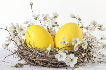 Obraz premium A natural scene of two yellow eggs in a nest surrounded by white flowers, great for nature or animal related concepts
