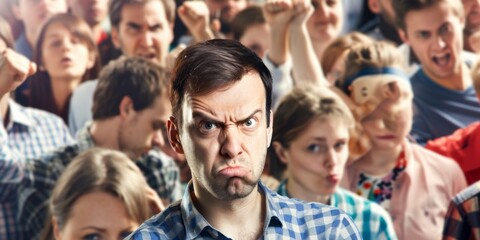 Fototapeta premium In a vibrant setting a man with a bored expression stands amidst a lively crowd of protestors voicing their discontent with the political situation. Tensions rise as voices unite for change.