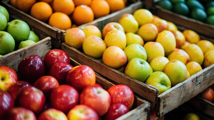 Colorful Display of Fresh Fruits in Wooden Baskets Featuring Red Apples, Green Apples, Oranges, and Yellow Apples for Markets and Grocery Stores
