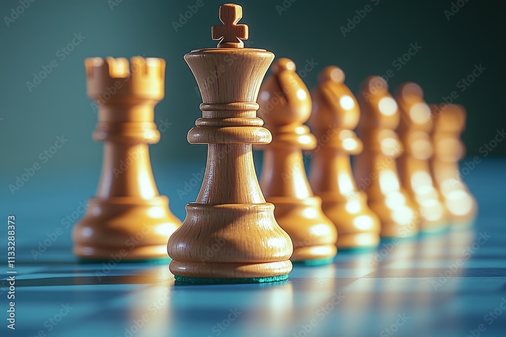 Poster a set of chess pieces placed on a wooden chess board, ideal for representing strategy and competitio