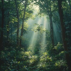 Fototapeta premium Exploring tranquil sunlit forest nature scene serene environment vertical viewpoint peaceful concept for relaxation