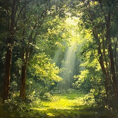 Obraz premium Sunlight filtering through lush forest canopy nature scene tranquil environment serene viewpoint outdoor concept