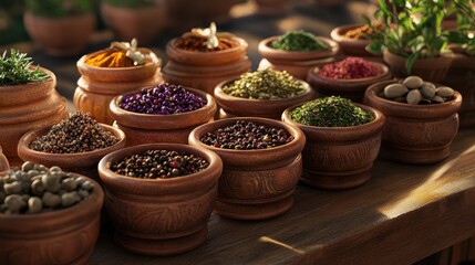 Wooden bowls filled with colorful spices.