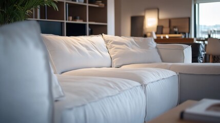 Obraz premium A white couch sits in a cozy living room next to a window, great for home decor and interior design concepts