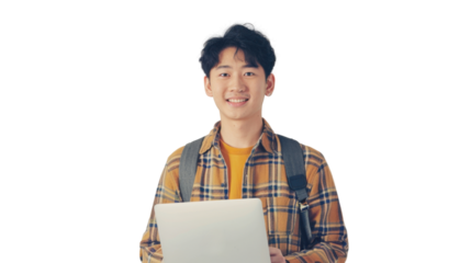 Portrait of asian young man holding laptop on white background
