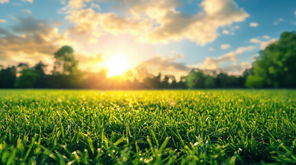 Serene Landscape of Lush Green Grass Beneath a Brilliant Sunset with Dramatic Clouds Illuminating the Sky in a Peaceful Natural Setting