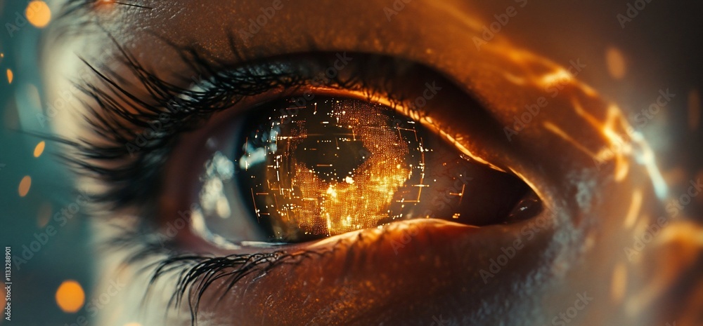 Aufkleber a close-up of an eye reflecting a digital world with glowing elements.