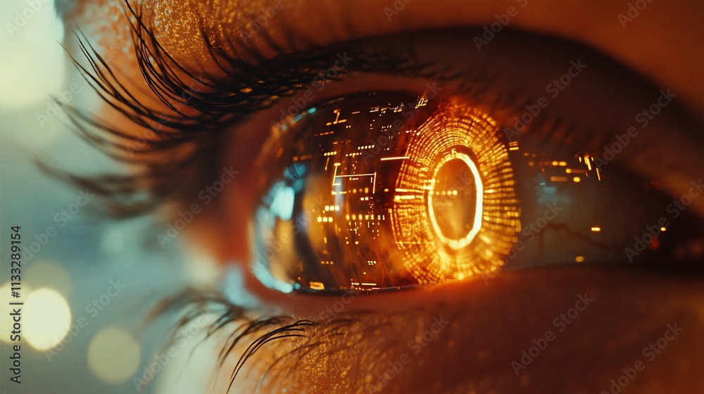 Poster a close-up of an eye with a futuristic, glowing design reflected in the iris.